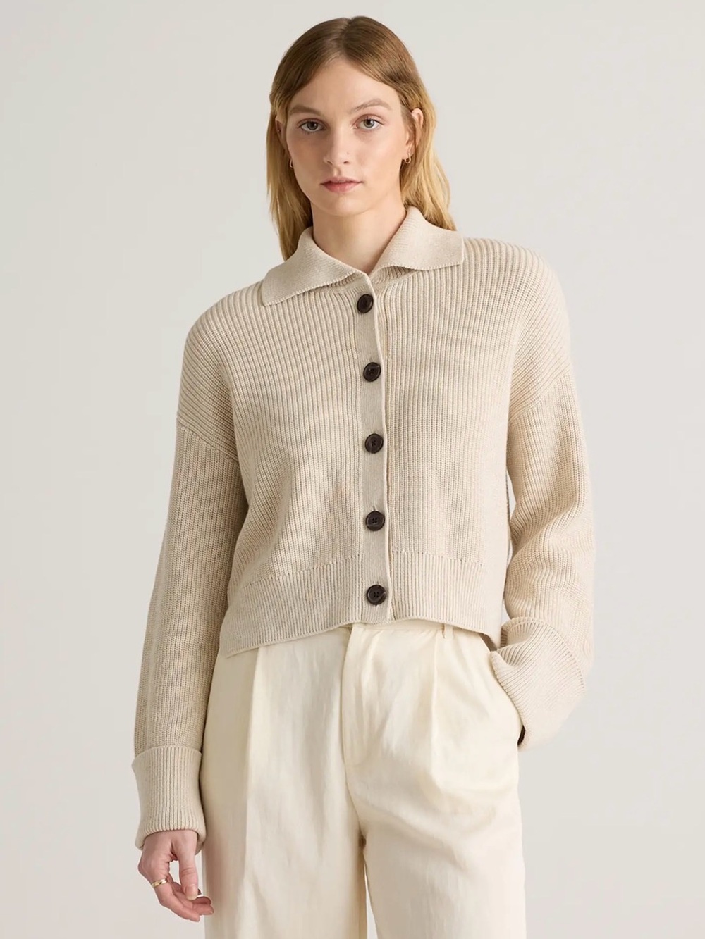 Quince Cardigan 100% Organic Cotton Fisherman Collared Cream Ribbed Button-Up